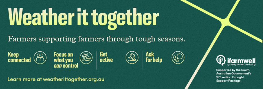Graphic of ifarmwell Weather It Together campaign highlighting that keeping connected, focusing on what you can control, being active and asking for help are pillars to help farmers through tough seasons