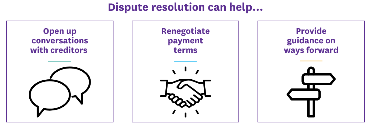 Dispute resolution can help open up conversations with creditors, renegotiate payment terms, provide guidance on ways forward